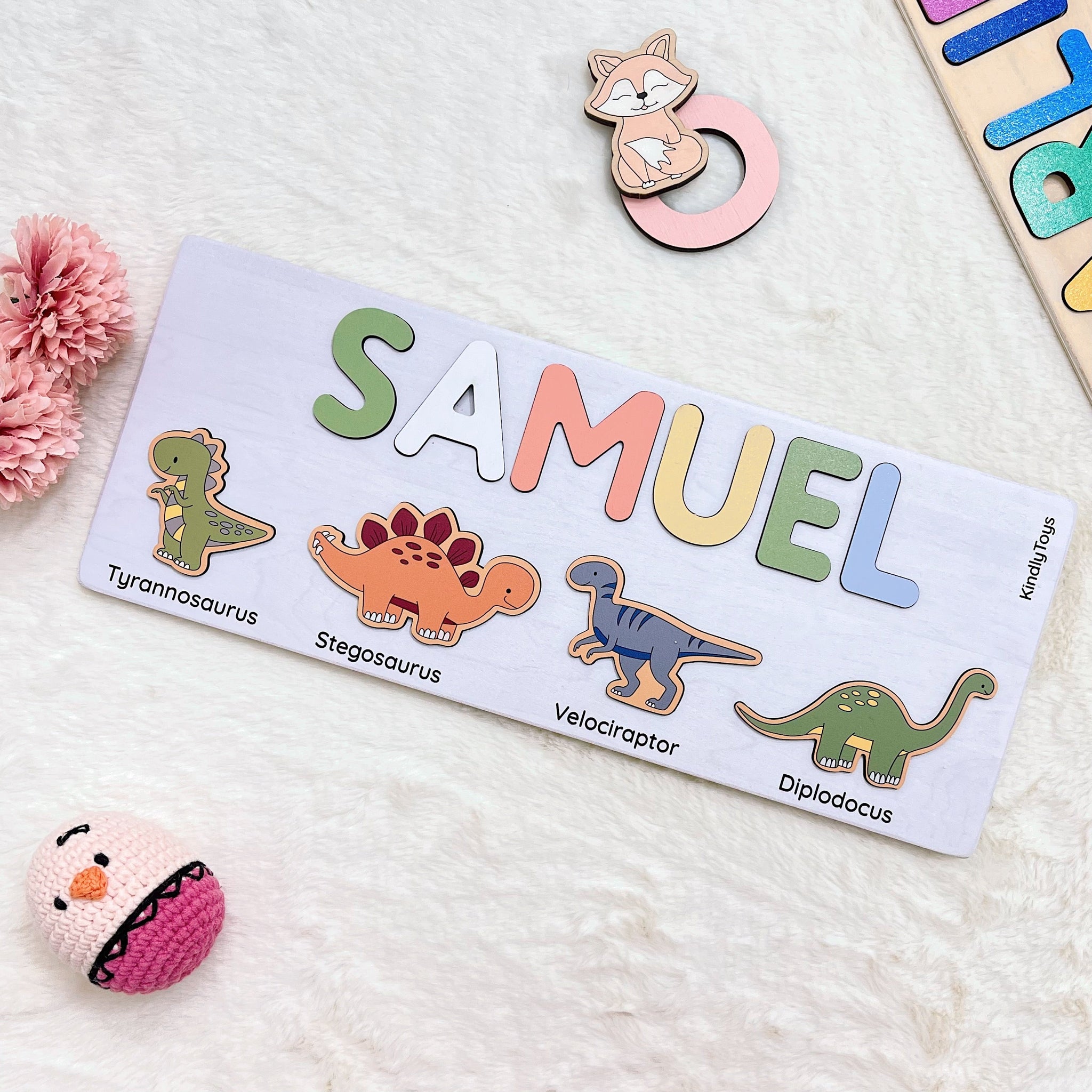 Cute Dinosaurs Personalized Name Puzzle - Wooden Montessori Toys | Kiuties