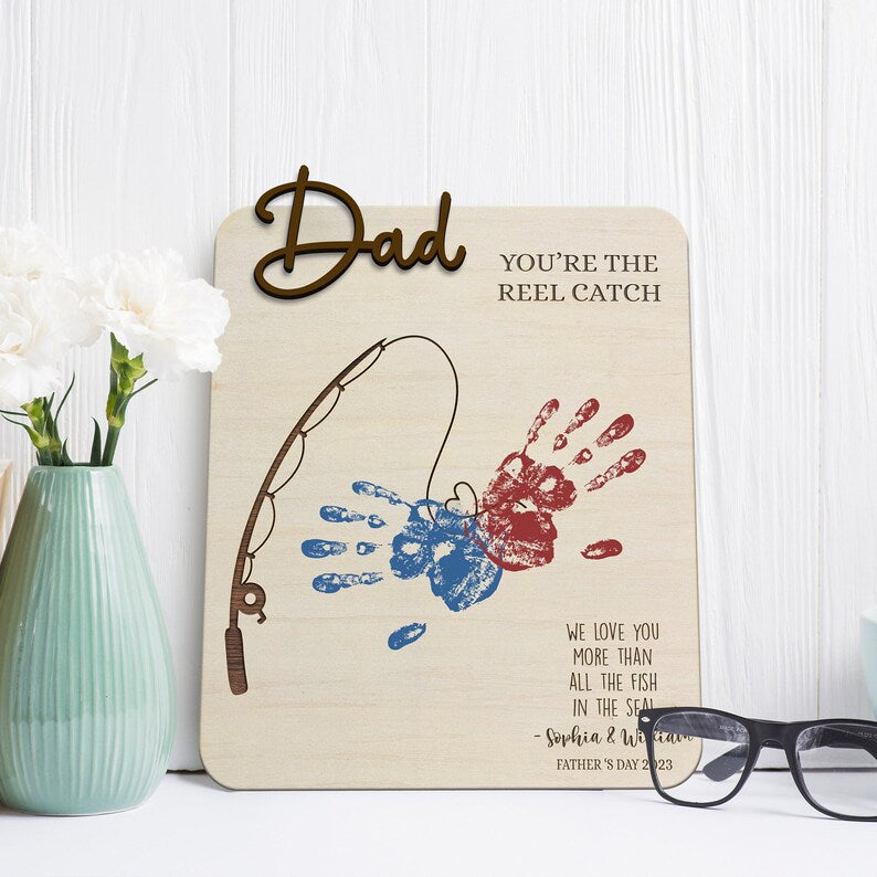 Fishing Wooden Handprint Board, Fathers Day Gift, Handprint Sign For F